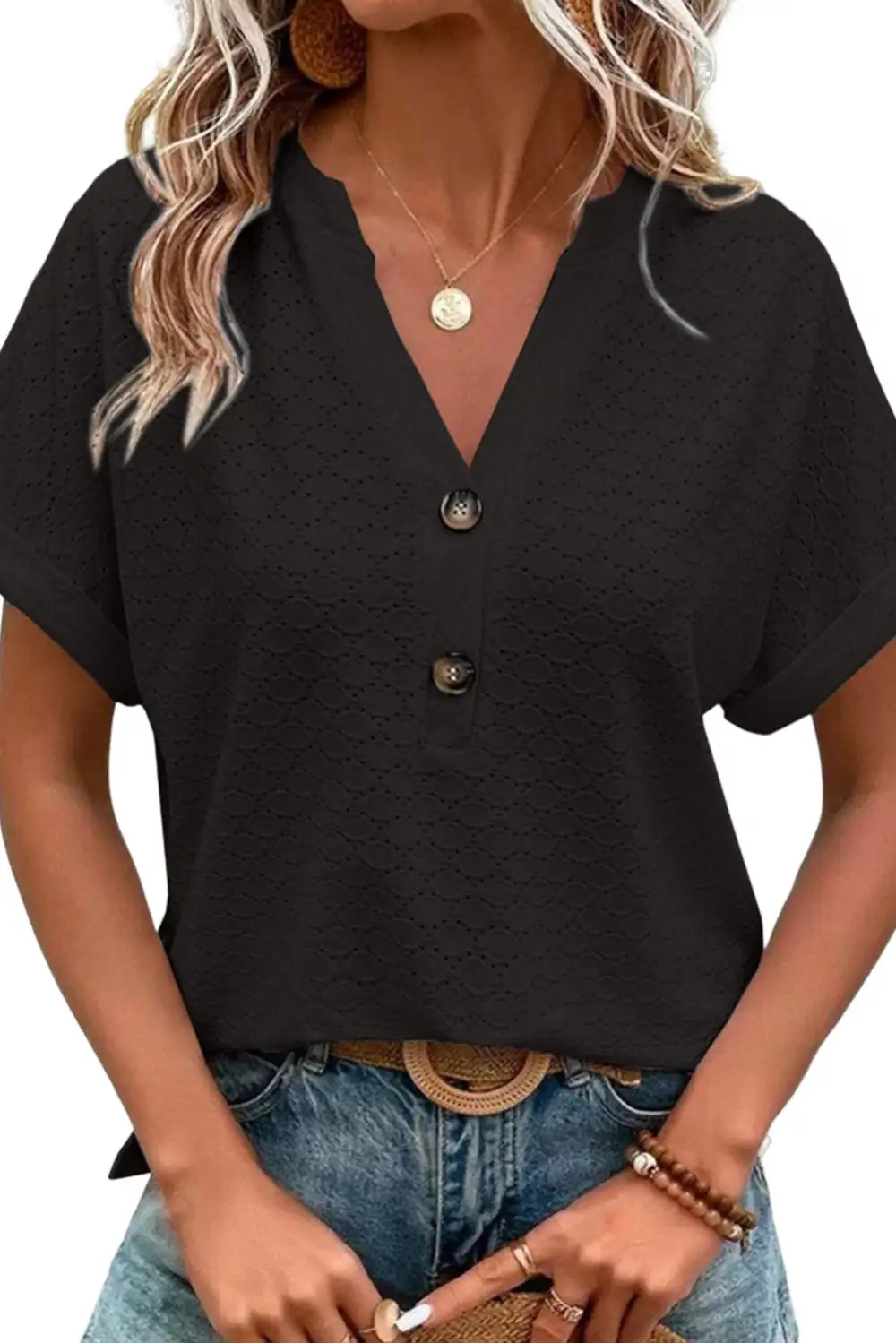 Black Eyelet Button-Accent Notch Neck