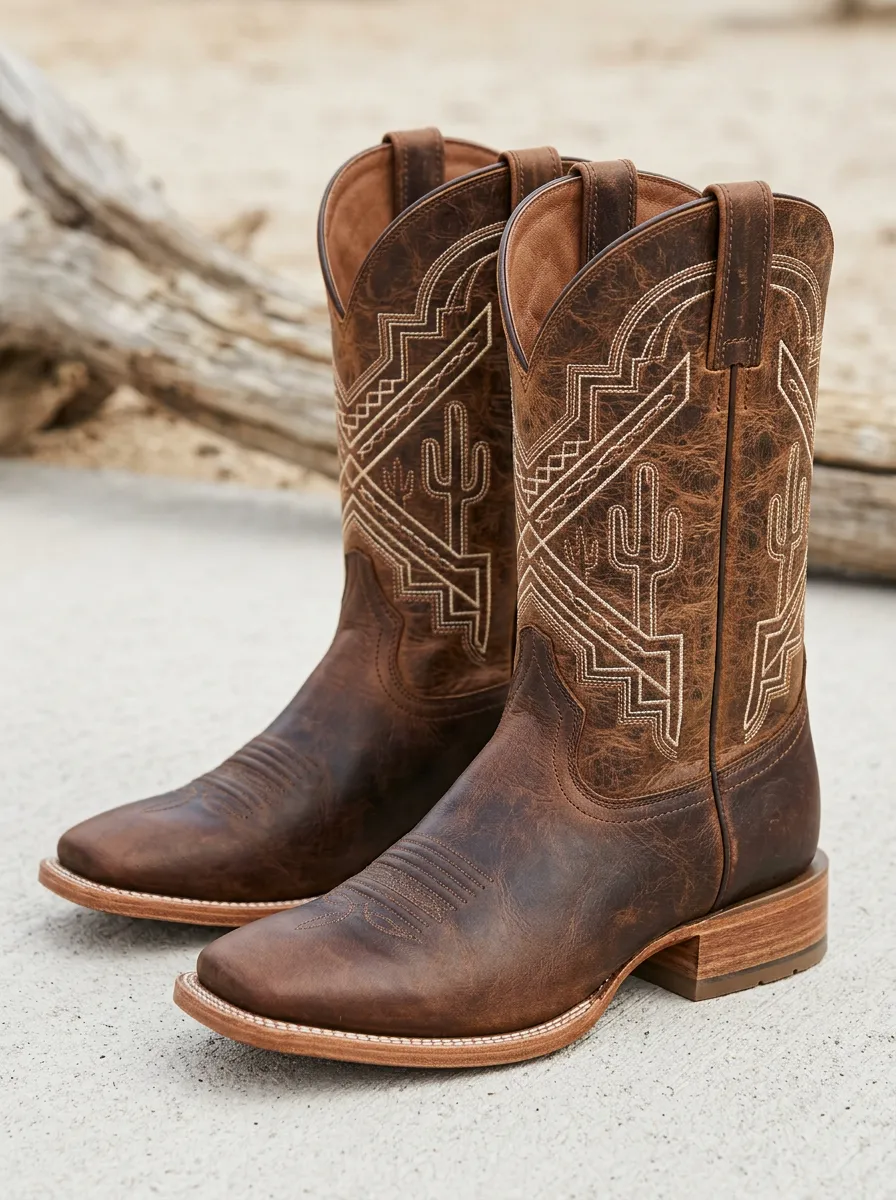 Rodeo-Inspired Cactus Embroidered Leather-Look Profile Men's Western Cowboy Boots