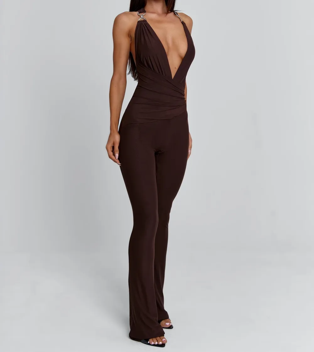 Chocolate Plunge Halter Jumpsuit