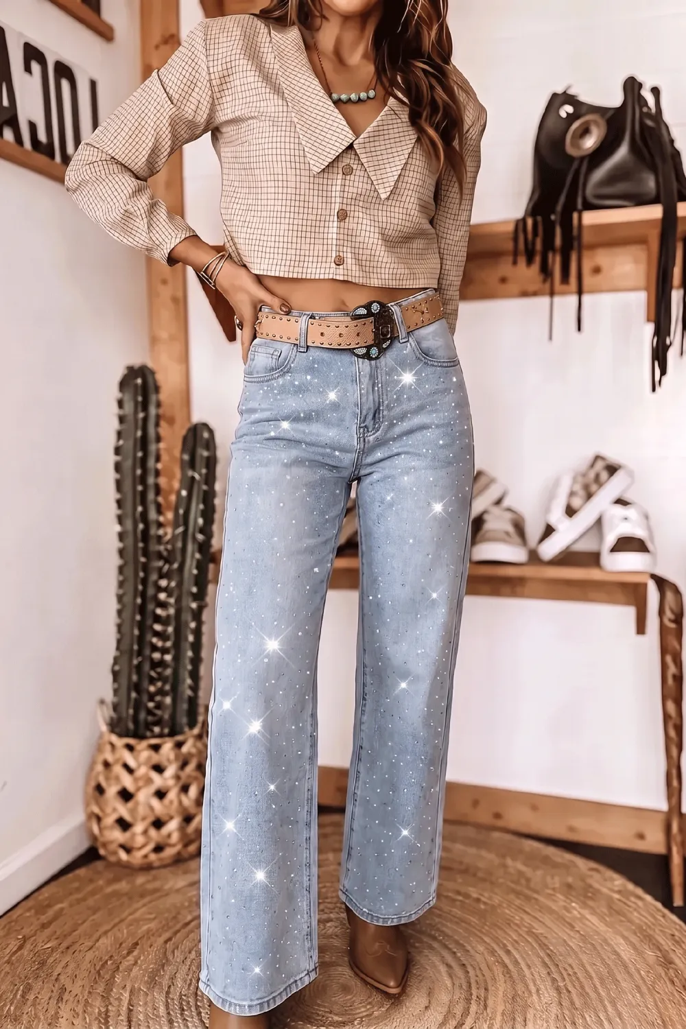 Women's Sparkle Detail Western Casual Shift Jeans