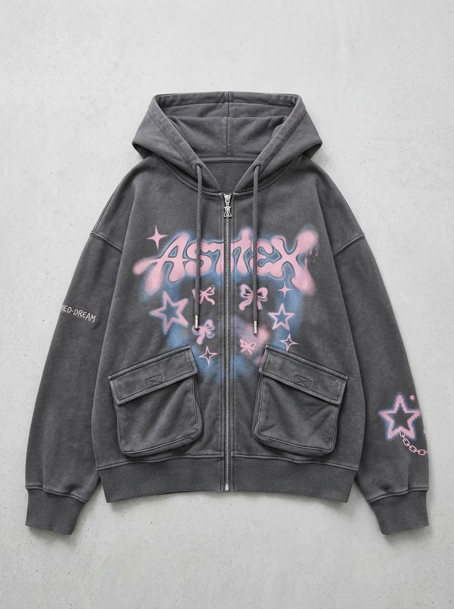 Unisex Streetwear Y2K Star Bow Printed Zip-up Hoodie