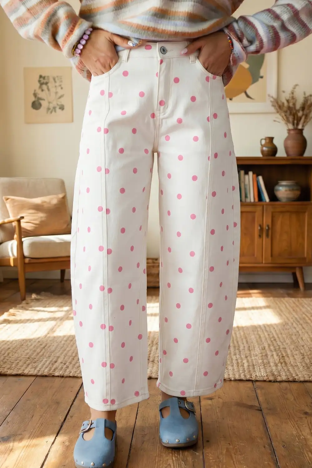 Polka Dot Relaxed Fit Barrel Leg Cropped Casual Jeans