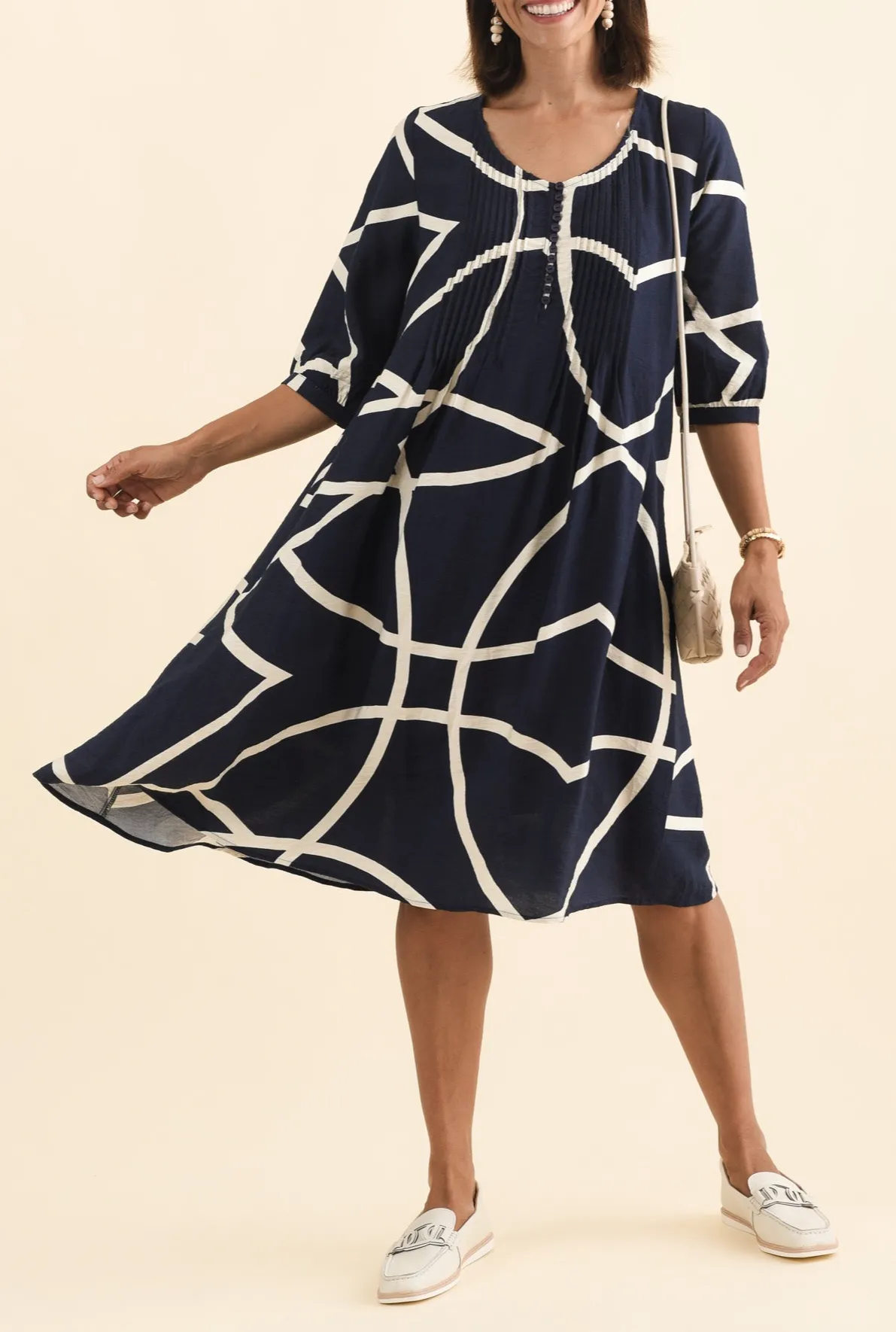 Below-Knee Abstract Viscose Button-Front Pleated V-Neck Half-Sleeve Dress