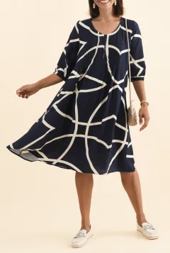 Below-Knee Abstract Viscose Button-Front Pleated V-Neck Half-Sleeve Dress