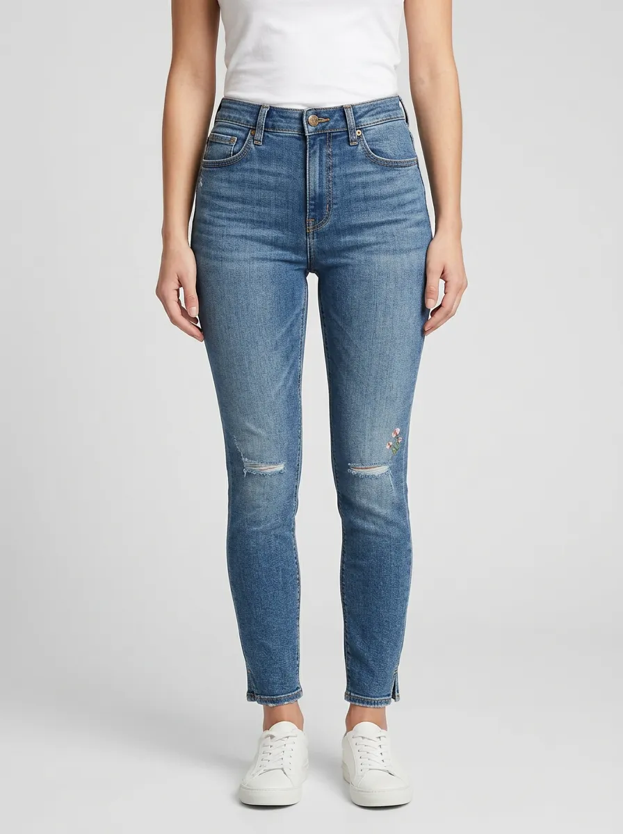 Women's Timber Floral Embroidery Distressed Printed Slim Jeans