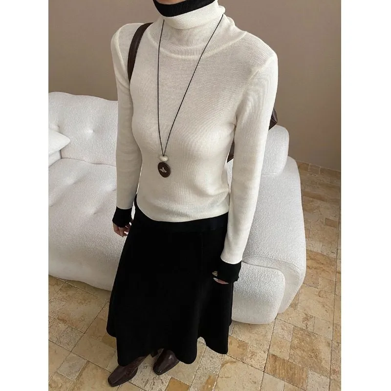 Tailored Color Block High Neck Fitted Knit Sweater