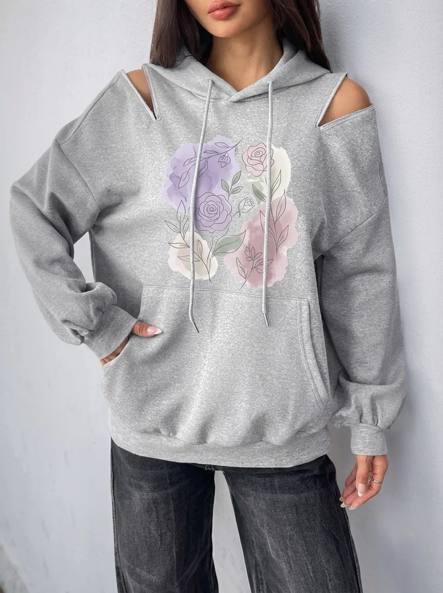 Women's Floral Art Watercolor Rose Printed Cold Shoulder Hoodie