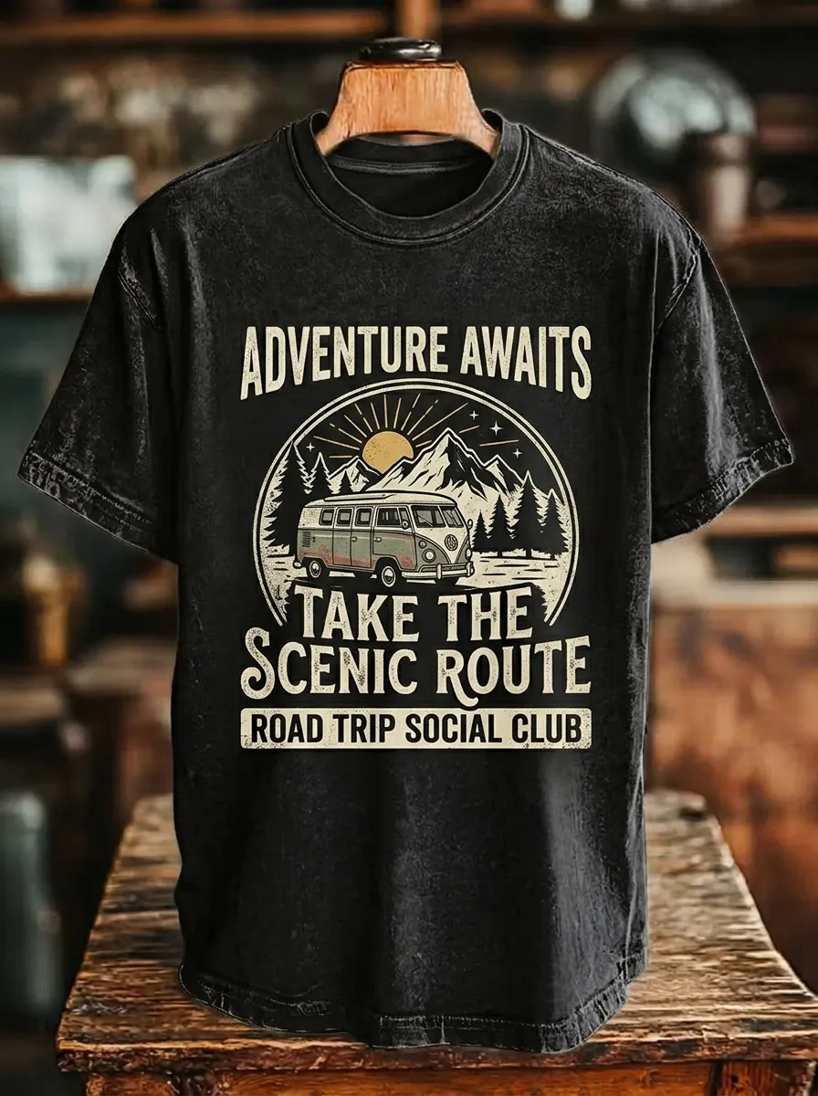 Unisex Road Trip Lover Adventure Van Mountain Printed T-shirt