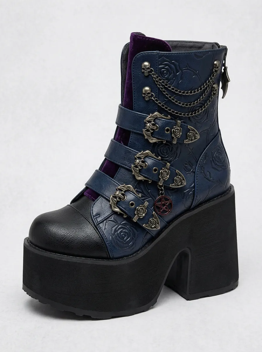 Mystic Skull Rose Chain Night Look Women's Gothic Platform Boots