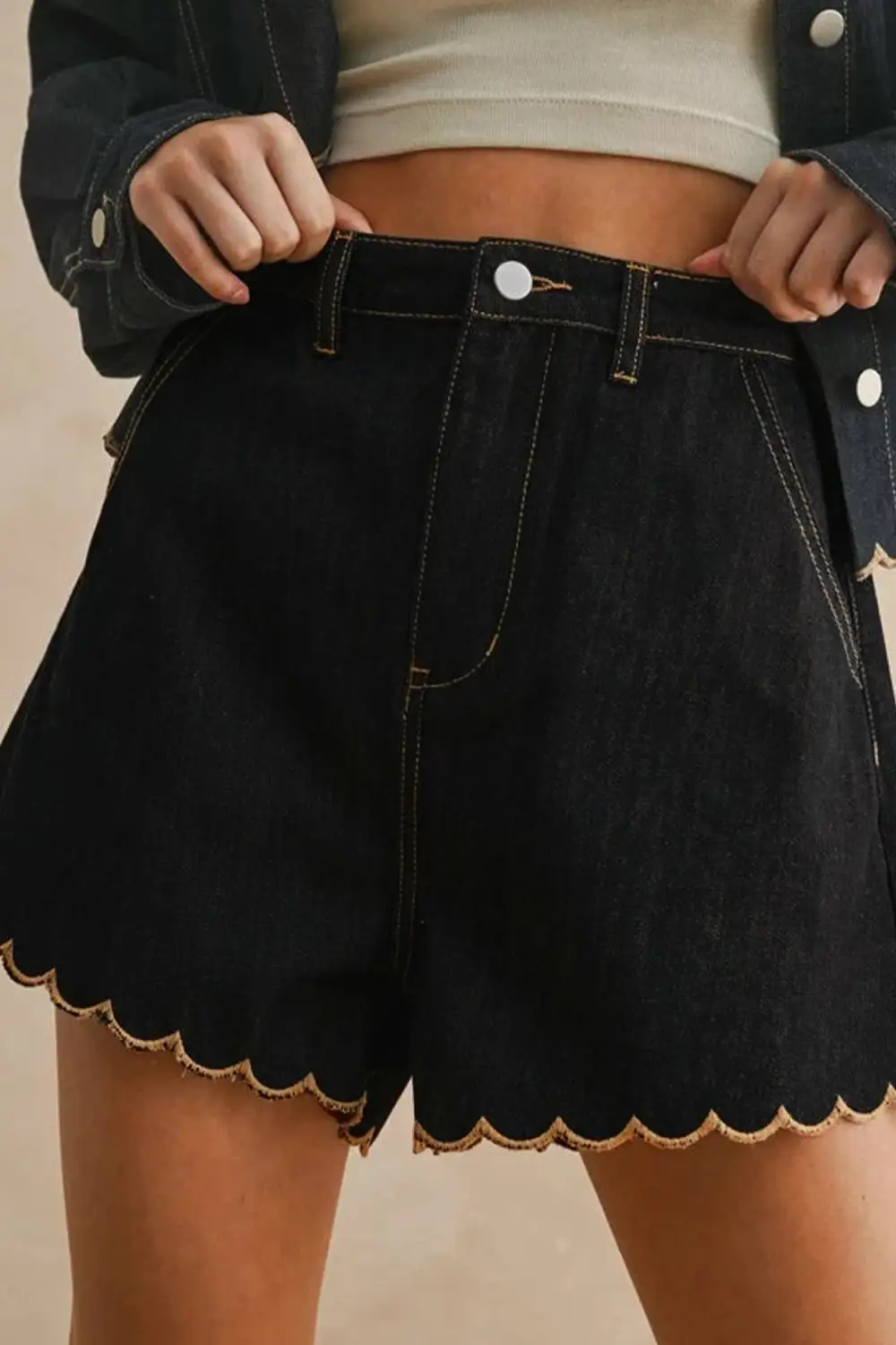 Embroidered Scalloped Trim Relaxed Denim Shorts