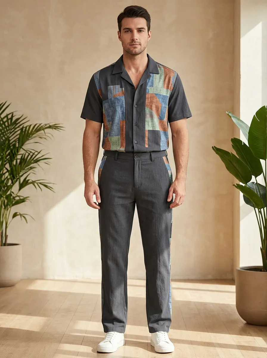 Men's Geometric Pattern Colorblock Printed Casual Set