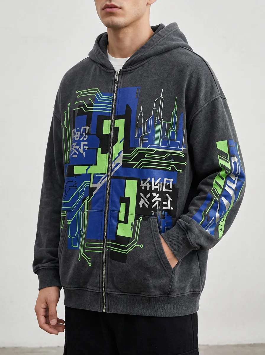 Men's Cyberpunk City Circuit Sleeve Graphic Zip-Up Hoodie