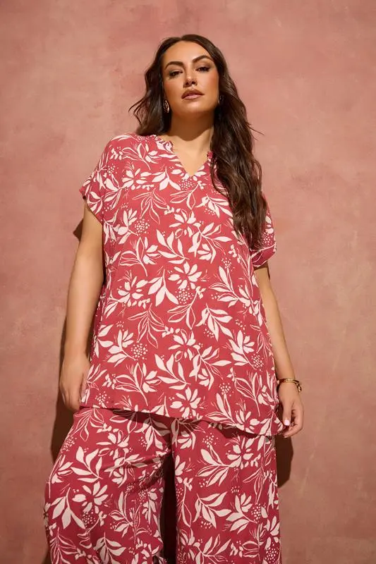 Orange Leaf Print Notch Neck Blouse
