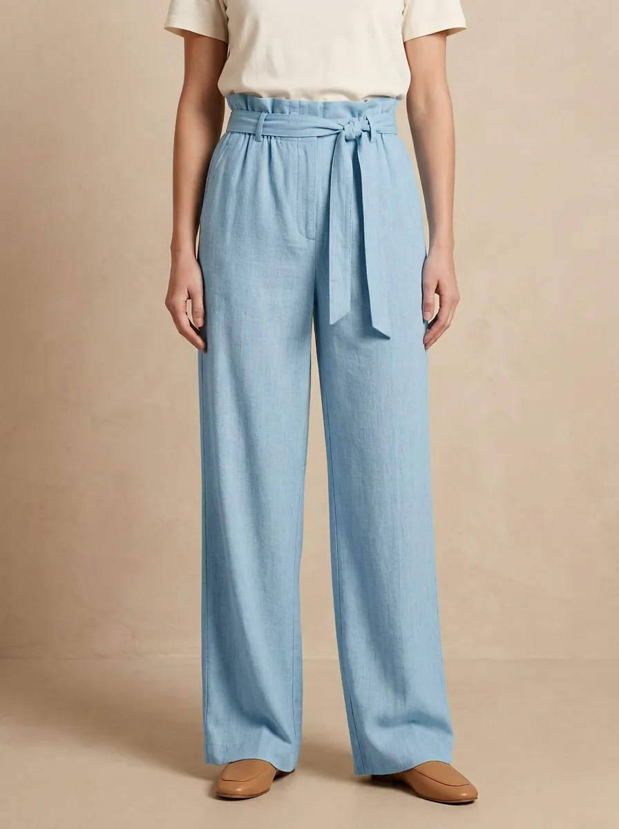 High Rise Belted Linen Blend Wide Leg Pants