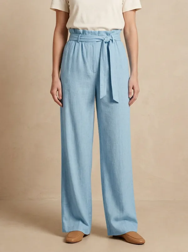 High Rise Belted Linen Blend Wide Leg Pants
