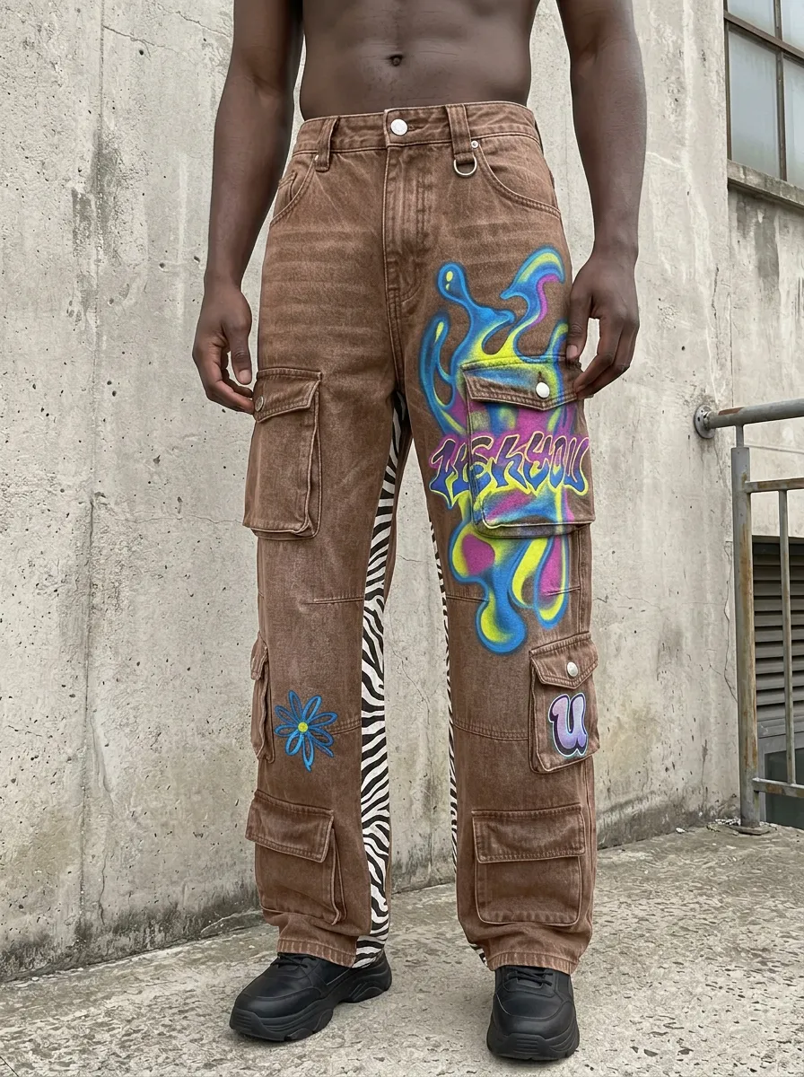 Men's Streetwear Graffiti Zebra Print Graphic Cargo Jeans