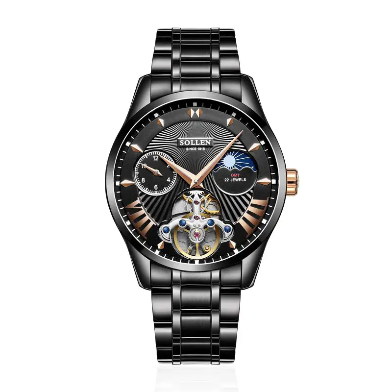Sollen SL302 Men's Open Heart Automatic Mechanical Watch - 41mm Stainless Steel Case Moon Phase Dual Time Sunburst Dial Wristwatch