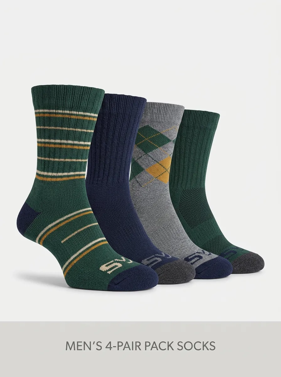 Argyle Striped Ribbed Texture Textured Men's Crew Socks Four-Pair Pack