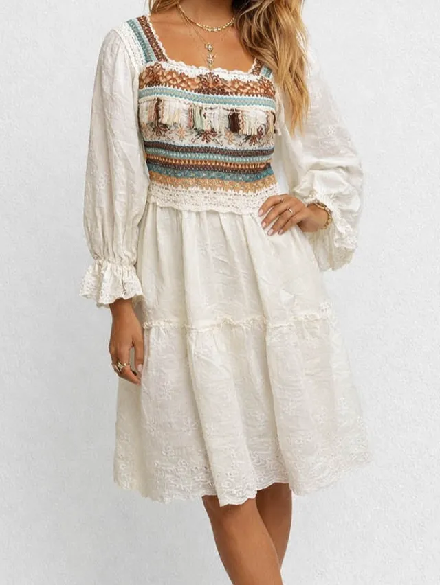 Crochet Embroidery Square Neck Tiered Midi Dress