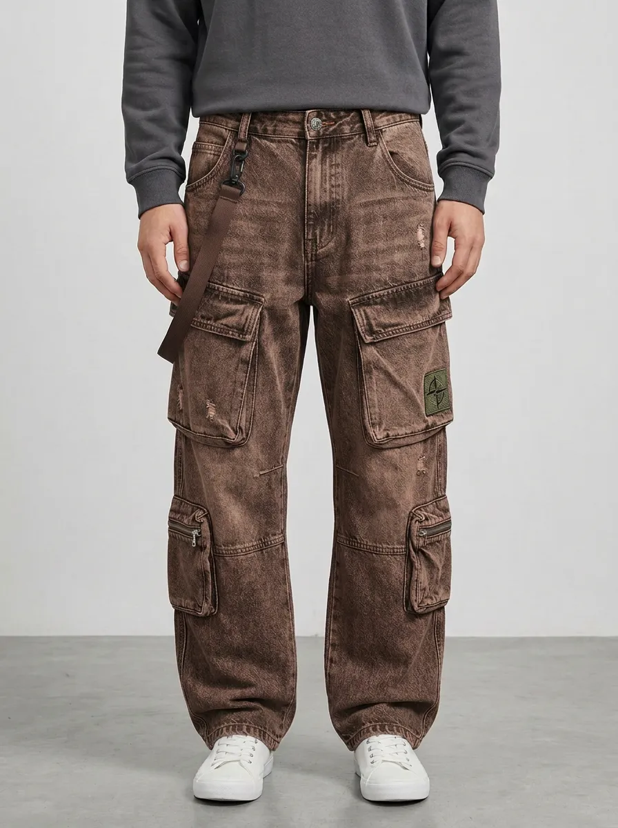 Men's Streetwear Acid Wash Distressed Multi-Pocket Cargo Jeans