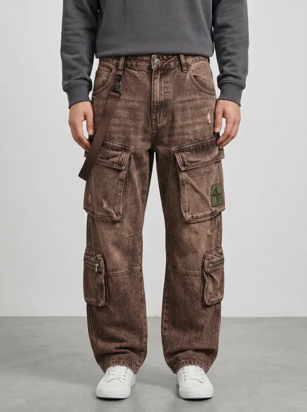 Men's Streetwear Acid Wash Distressed Multi-Pocket Cargo Jeans