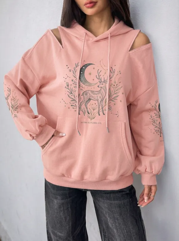 Women's Celestial Deer Floral Moon Printed Cold Shoulder Hoodie