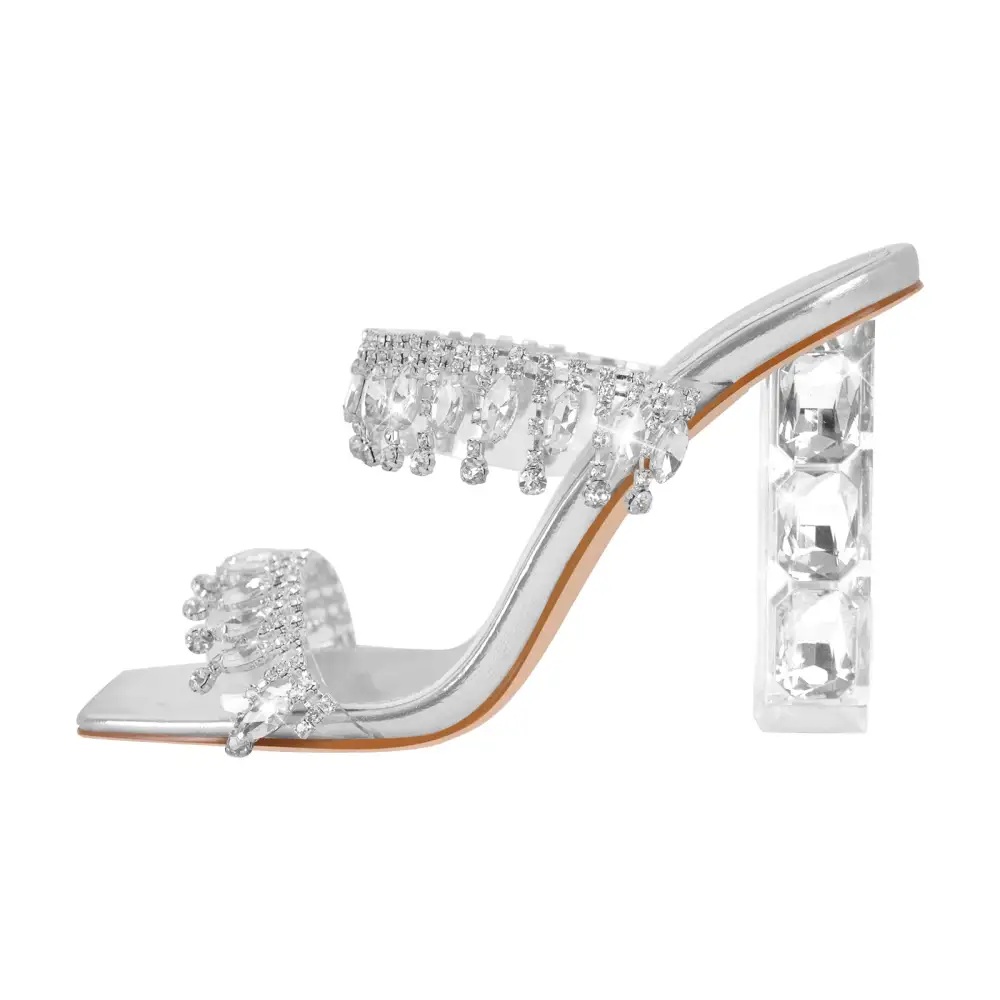 Rhinestone Square Toe Clear Chunky Heel Sandals