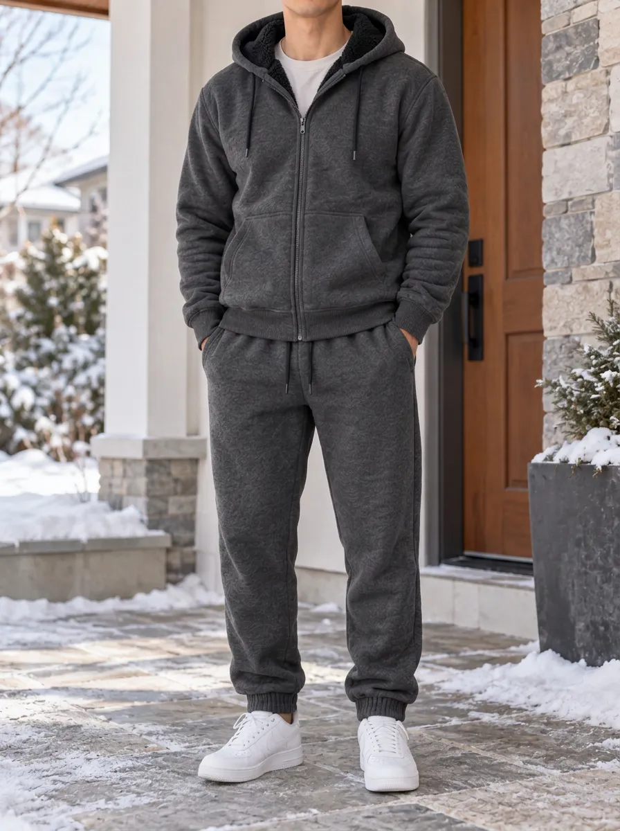 Men's Winter Fleece-Lined Zip-Up Hoodie and Jogger Set with Elastic Waist and Ribbed Cuffs