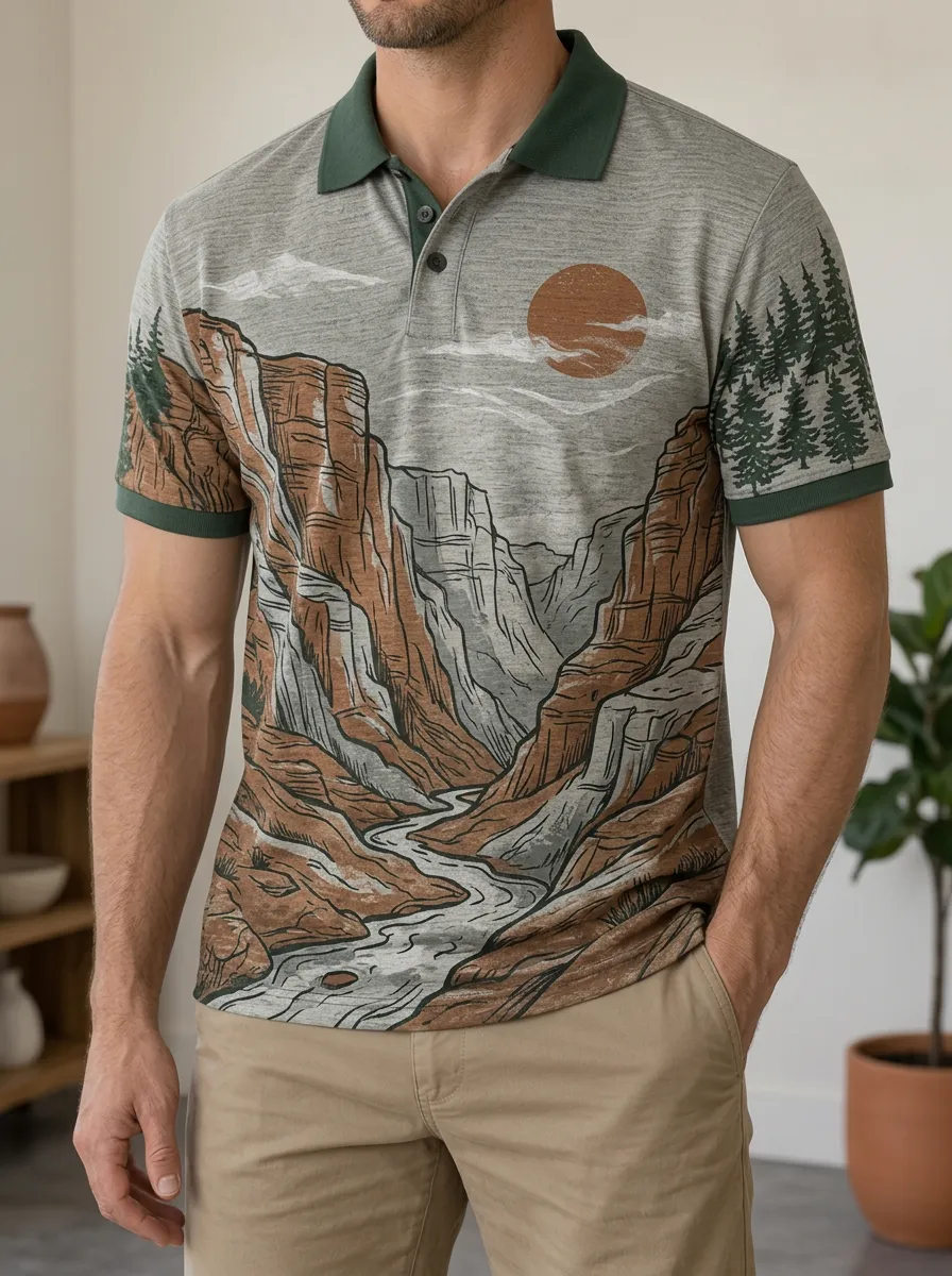 Men's Nature Lover Canyon Forest Sunset Printed Polo Shirt Weekend Casual Style