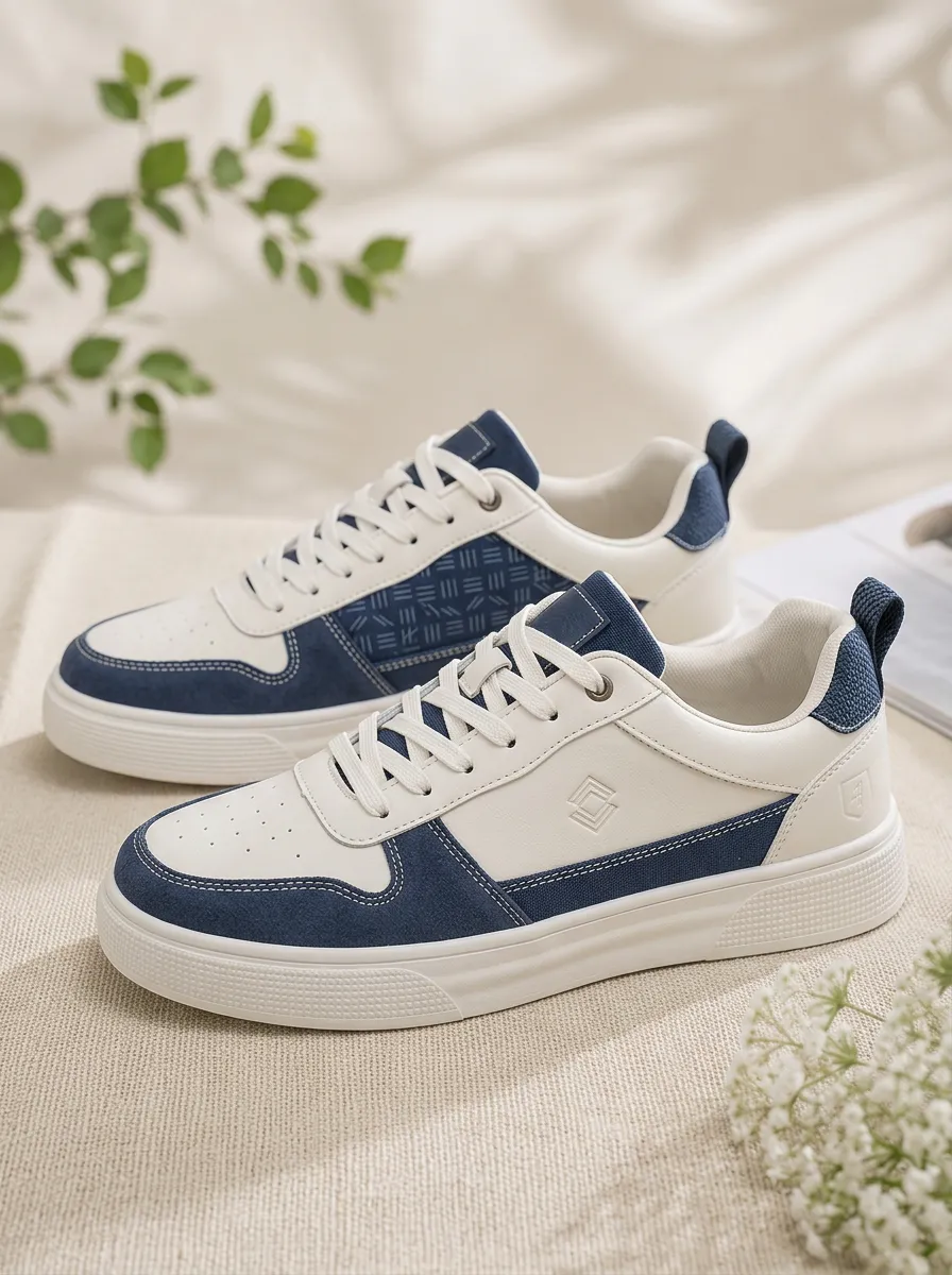 Men's Casual Geometric Pattern Navy White Printed Sneakers