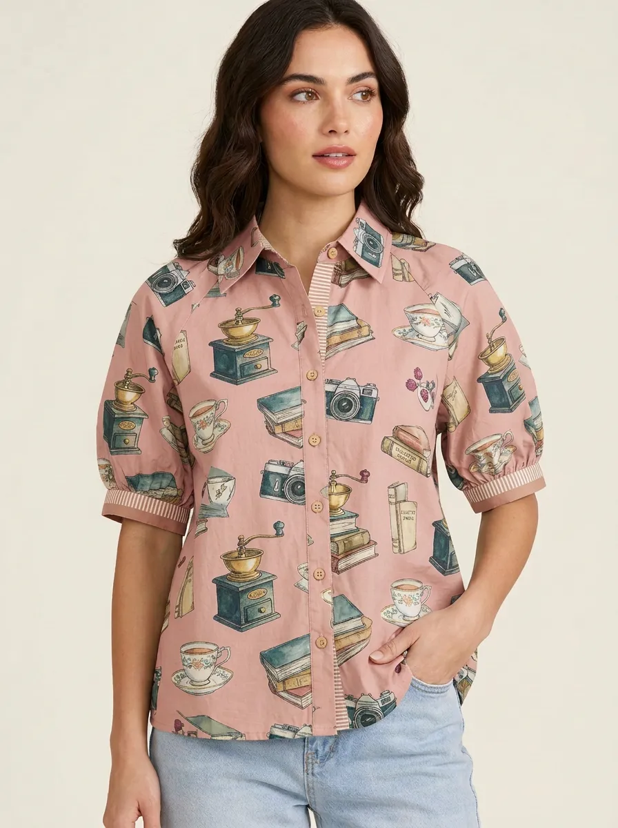 Women's Coffee Book Camera Hobby Graphic Button-Up Shirt