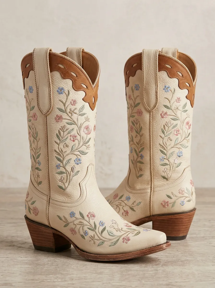 Unisex High-Plains Floral Embroidered Prairie Finish Western Cowboy Boots