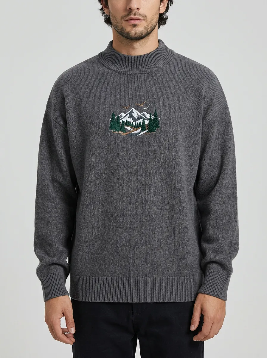 Men's Mountain Bird Embroidered Dropped-Shoulder Mock-Neck Sweater