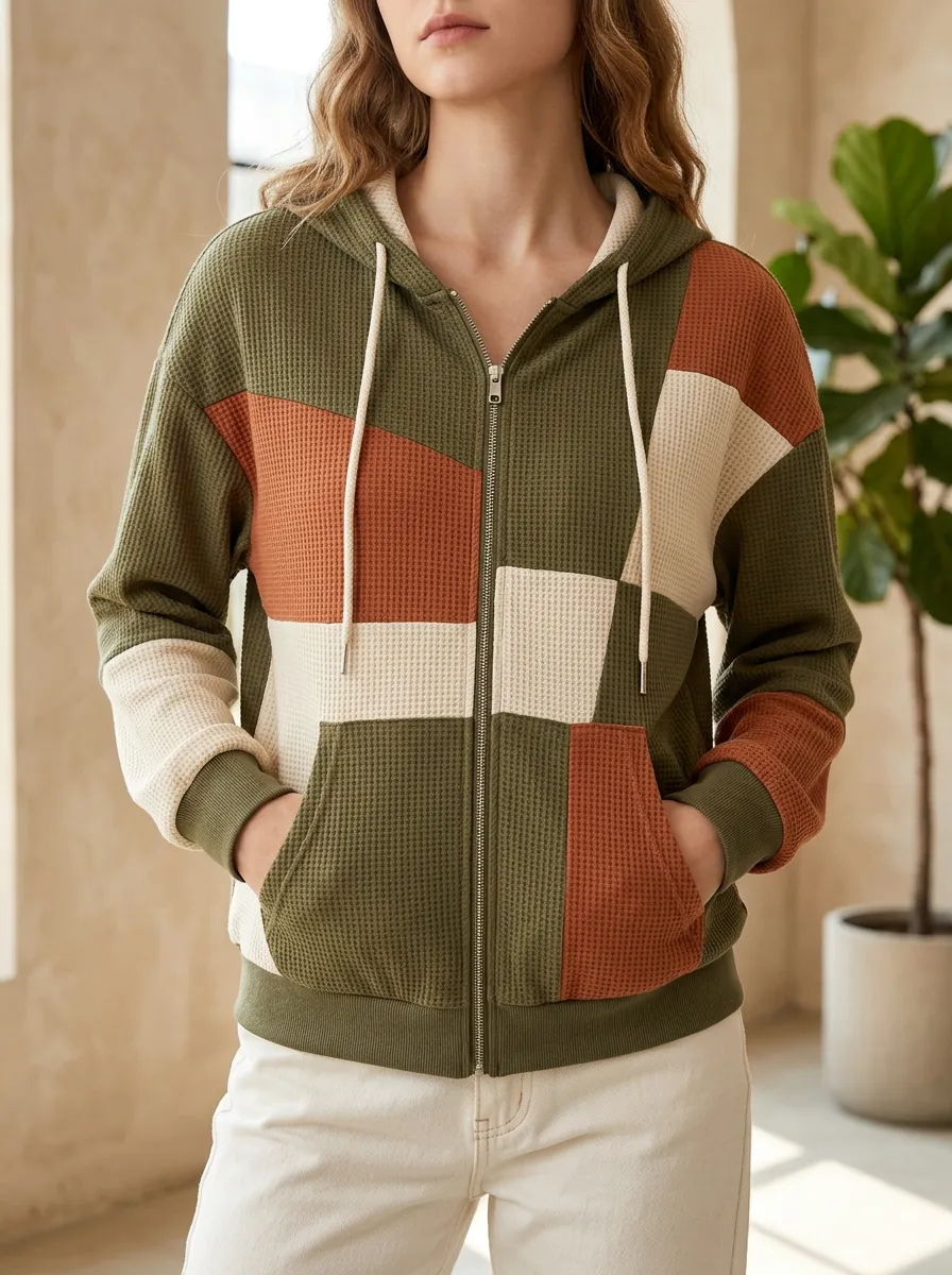 Women's Colorblock Waffle Knit Patchwork Zip-up Hoodie