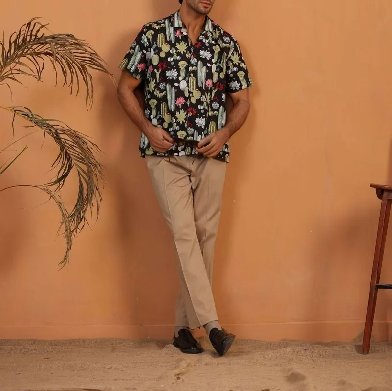 Black Cactus Mulmul Cotton Camp Collar Shirt