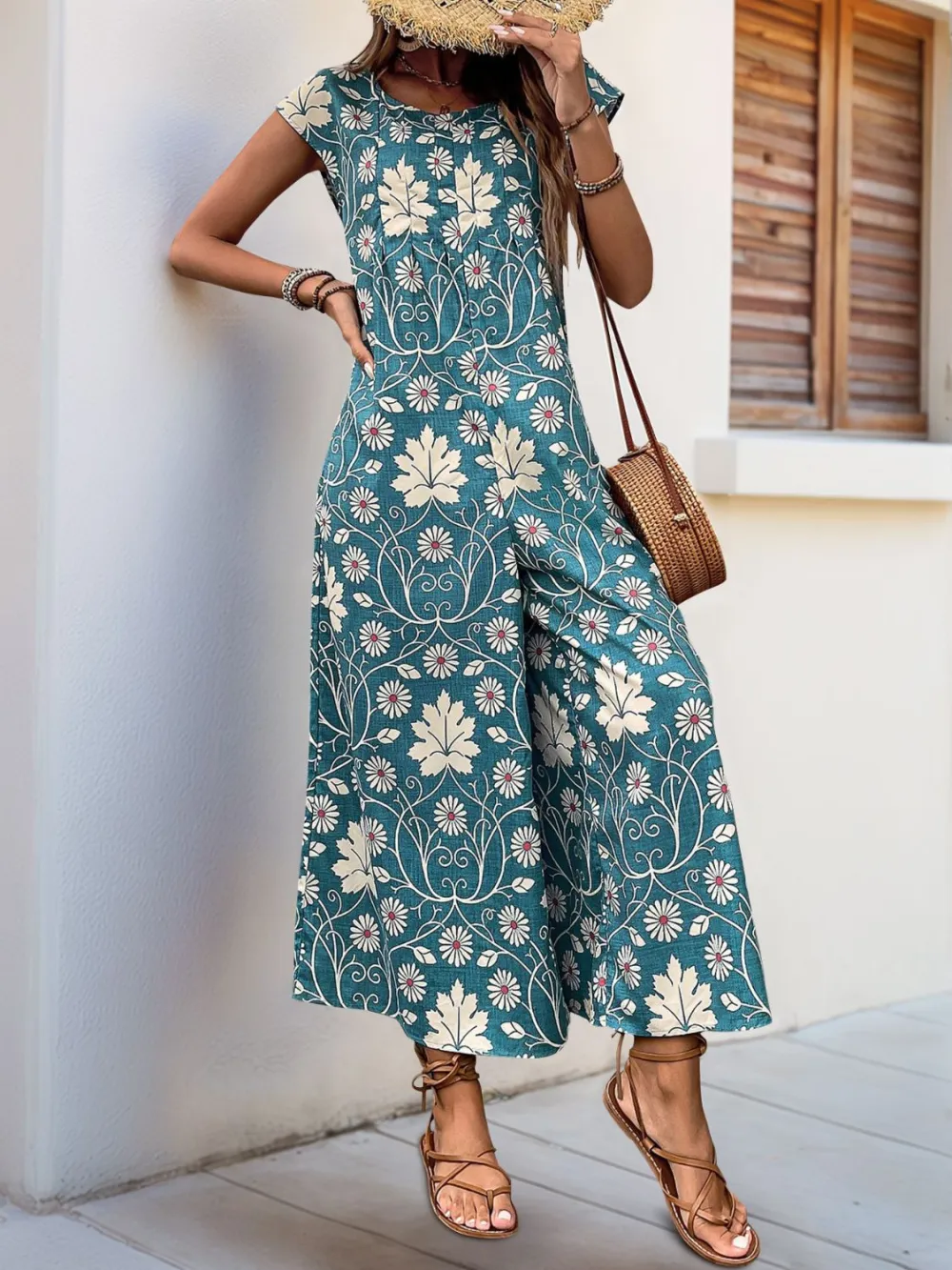 Round Neck Cap Sleeve Wide Leg Jumpsuit