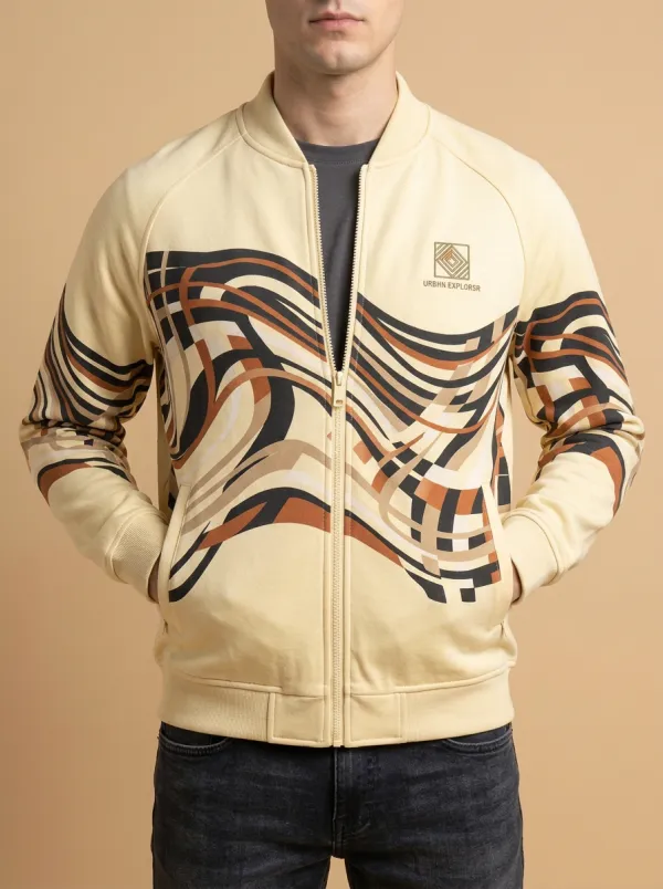 Wave Print Panel Detail Bomber Jacket