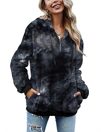 Women Casual Double Fuzzy Sweatshirt Faux Fleece Zip Pullover Hoodies Coat Outwear S-XXL