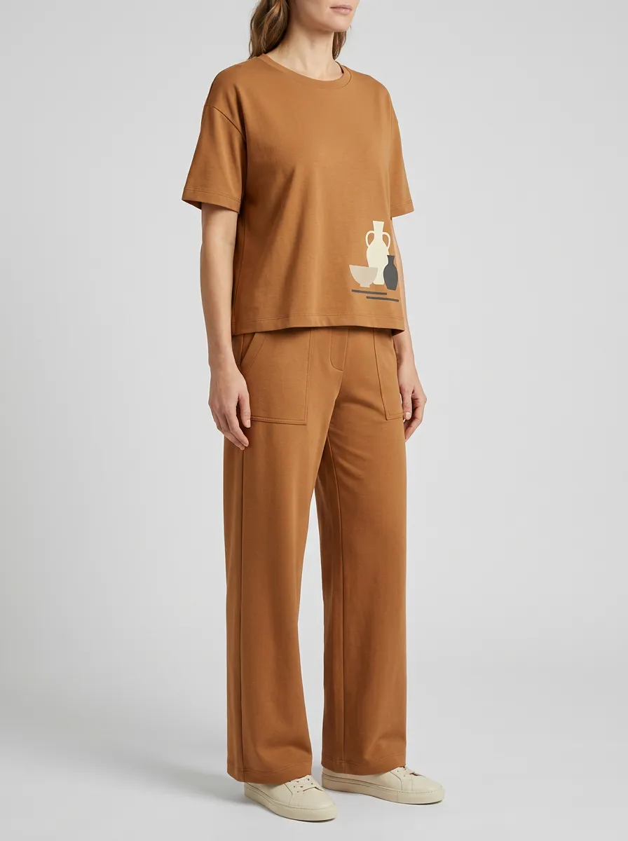 Women's Pottery Graphic Crewneck T-Shirt and Wide-Leg Pants Set