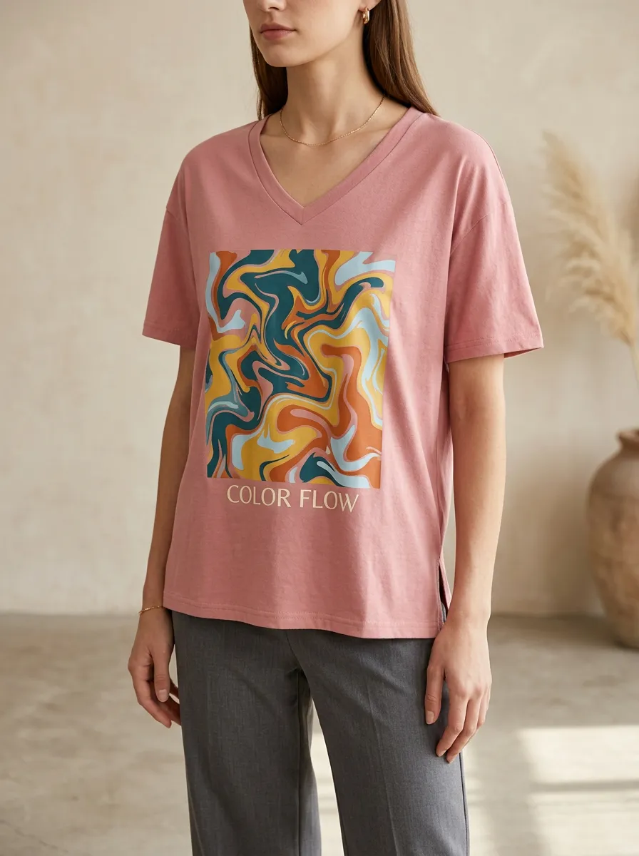 Women's Abstract Art Color Flow Graphic Printed V-Neck T-Shirt