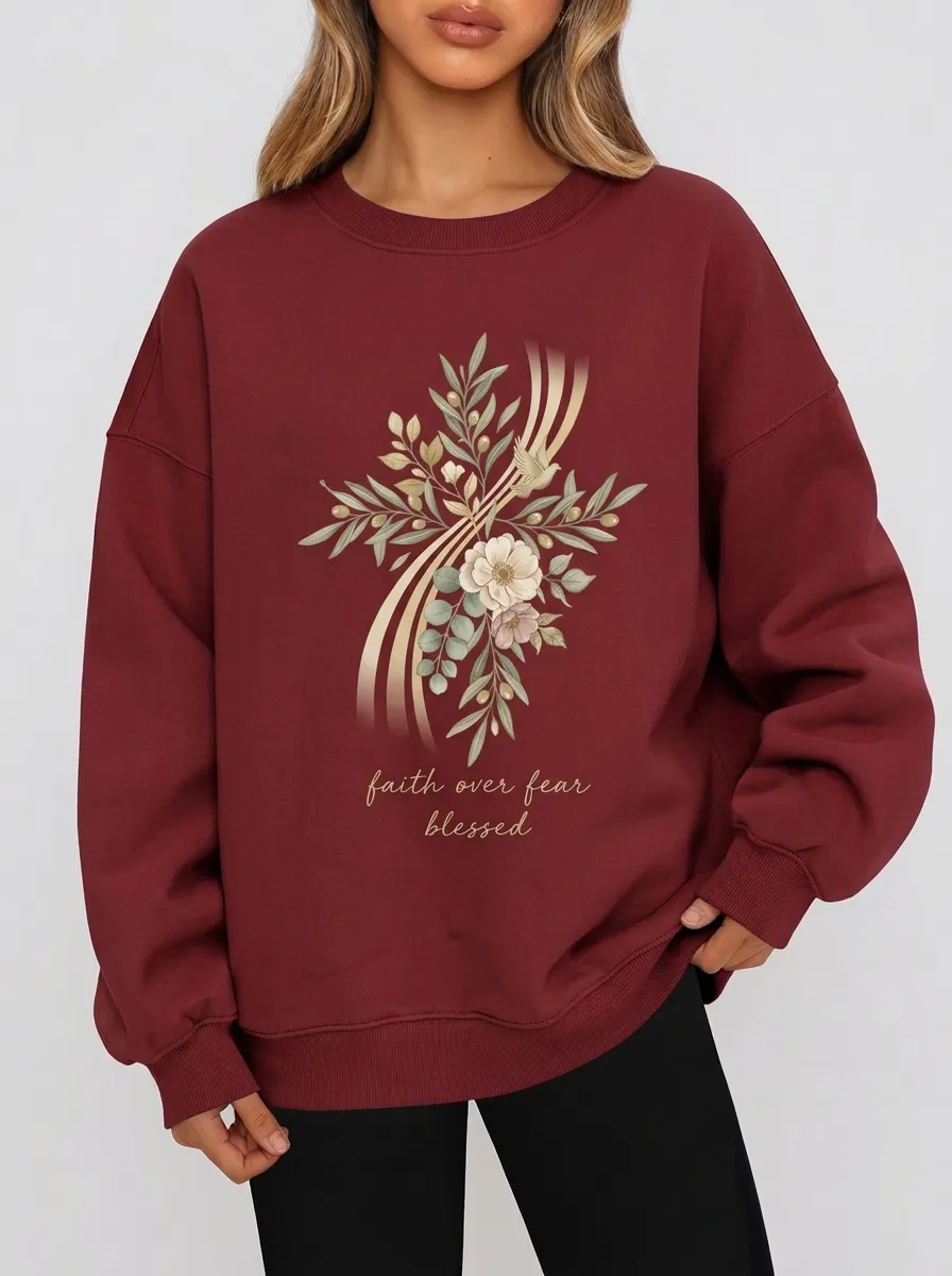 Women's Christian Faith Floral Cross Blessed Printed Sweatshirt