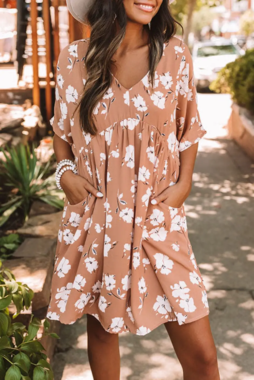 V Neck Floral Babydoll Dress With Pockets