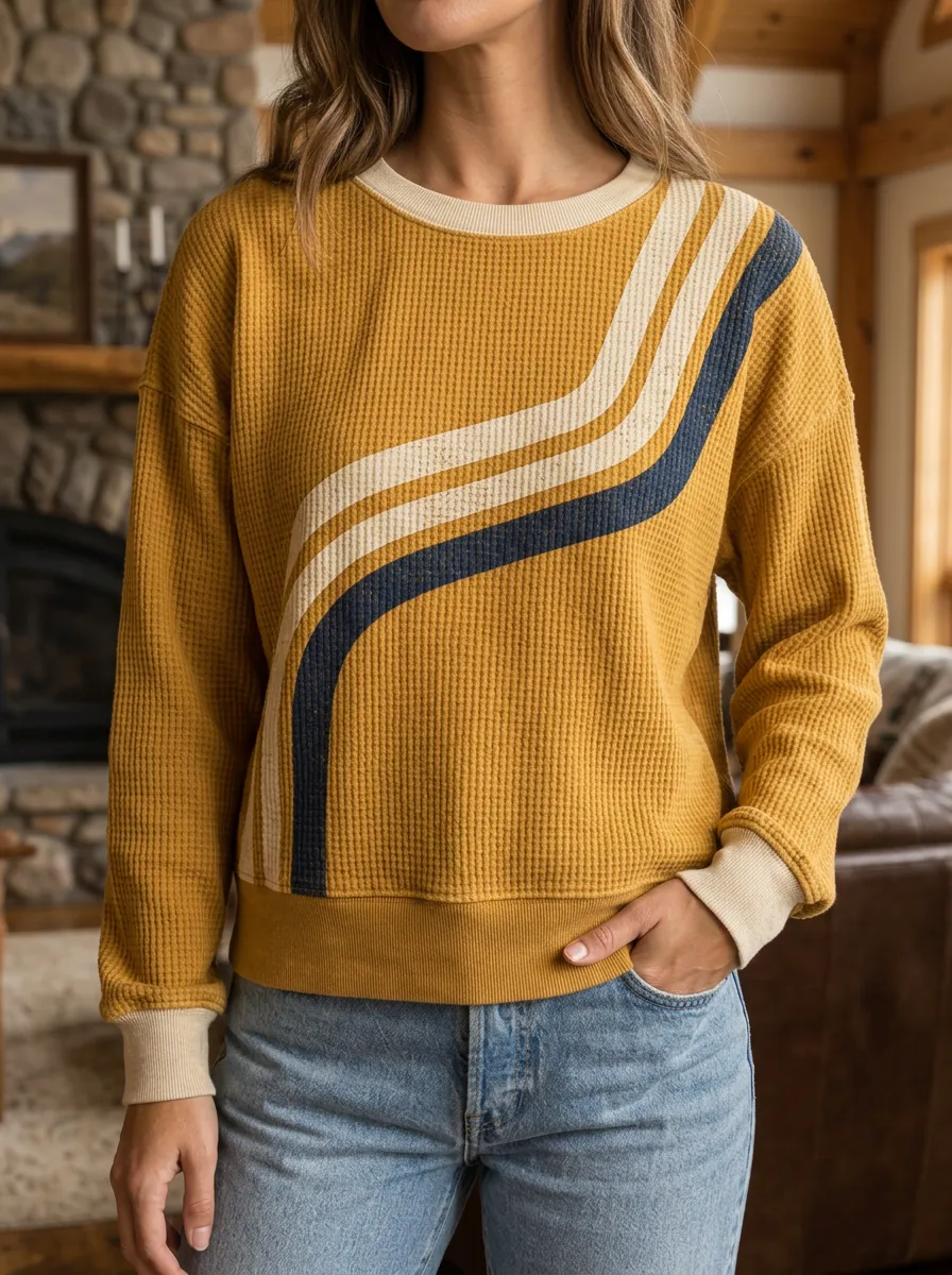 Women's Retro Striped Mustard Waffle Knit Printed Sweatshirt