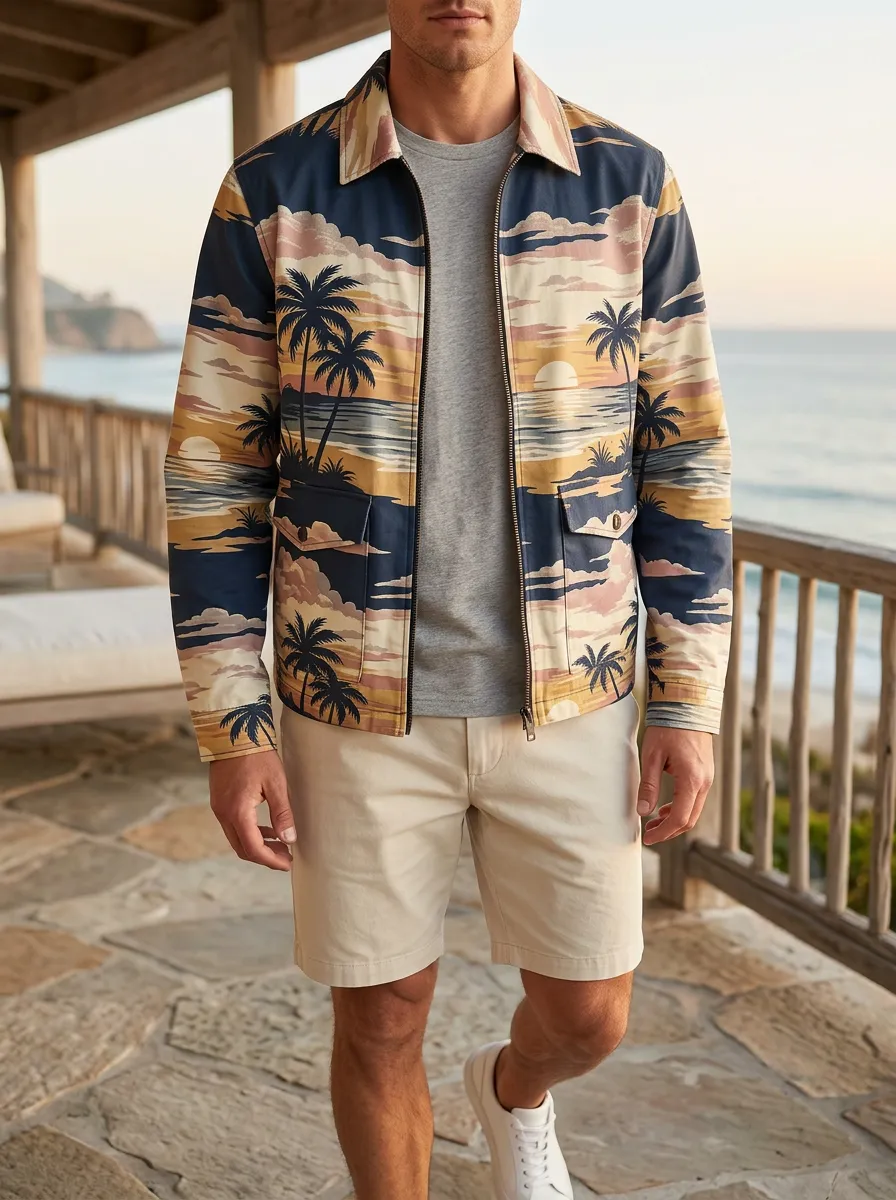 Men's Tropical Beach Sunset Palm Tree Relaxed Roamer Jacket