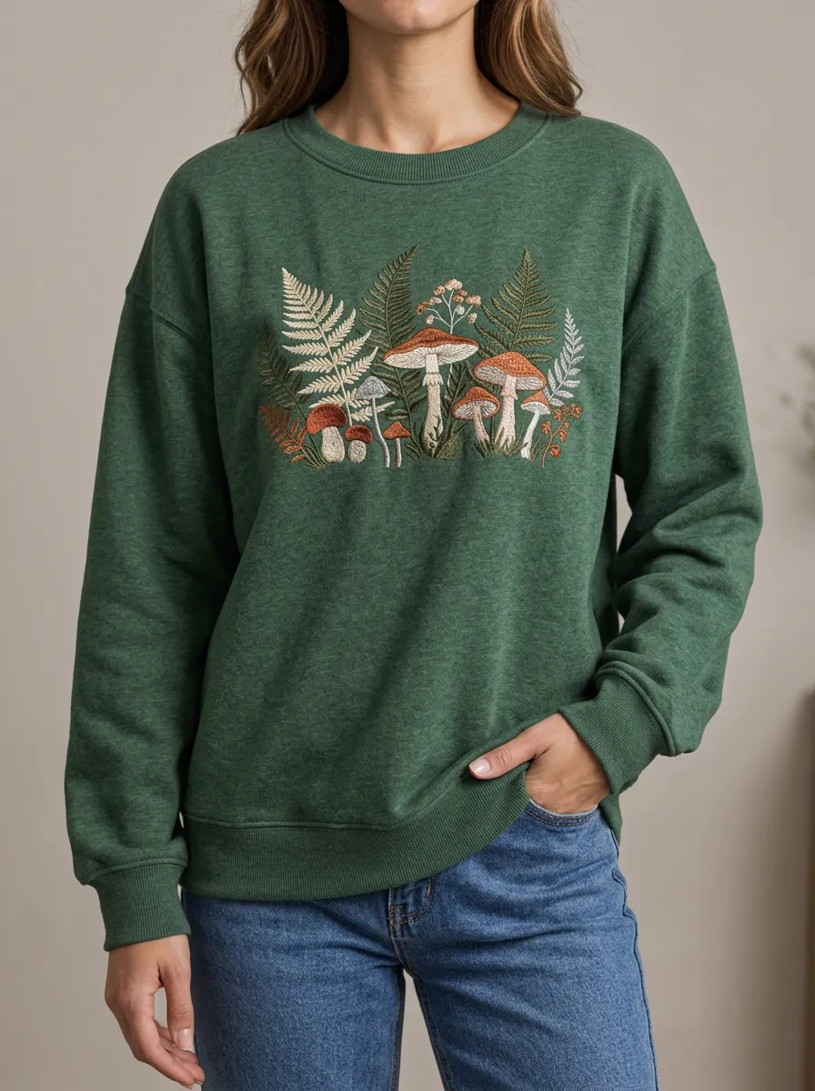 Women's Mushroom Fern Printed Crewneck Sweatshirt