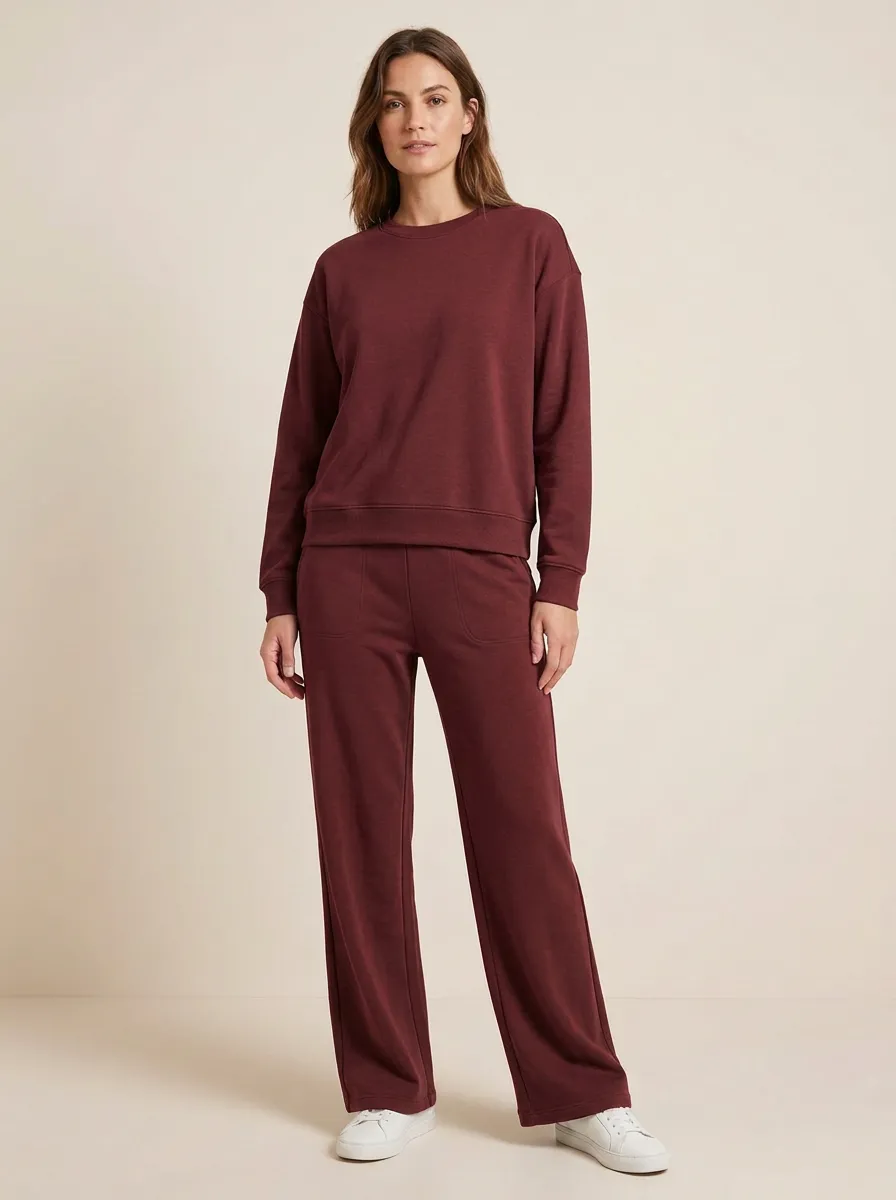 Women's Long-Sleeve Crewneck Sweatshirt And Patch-Pocket Wide-Leg Trouser Lounge Set