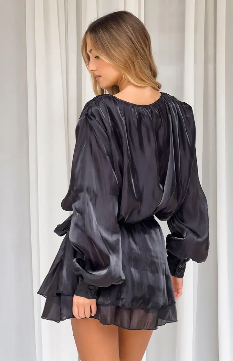 Long Sleeve Satin Long Mini Dress