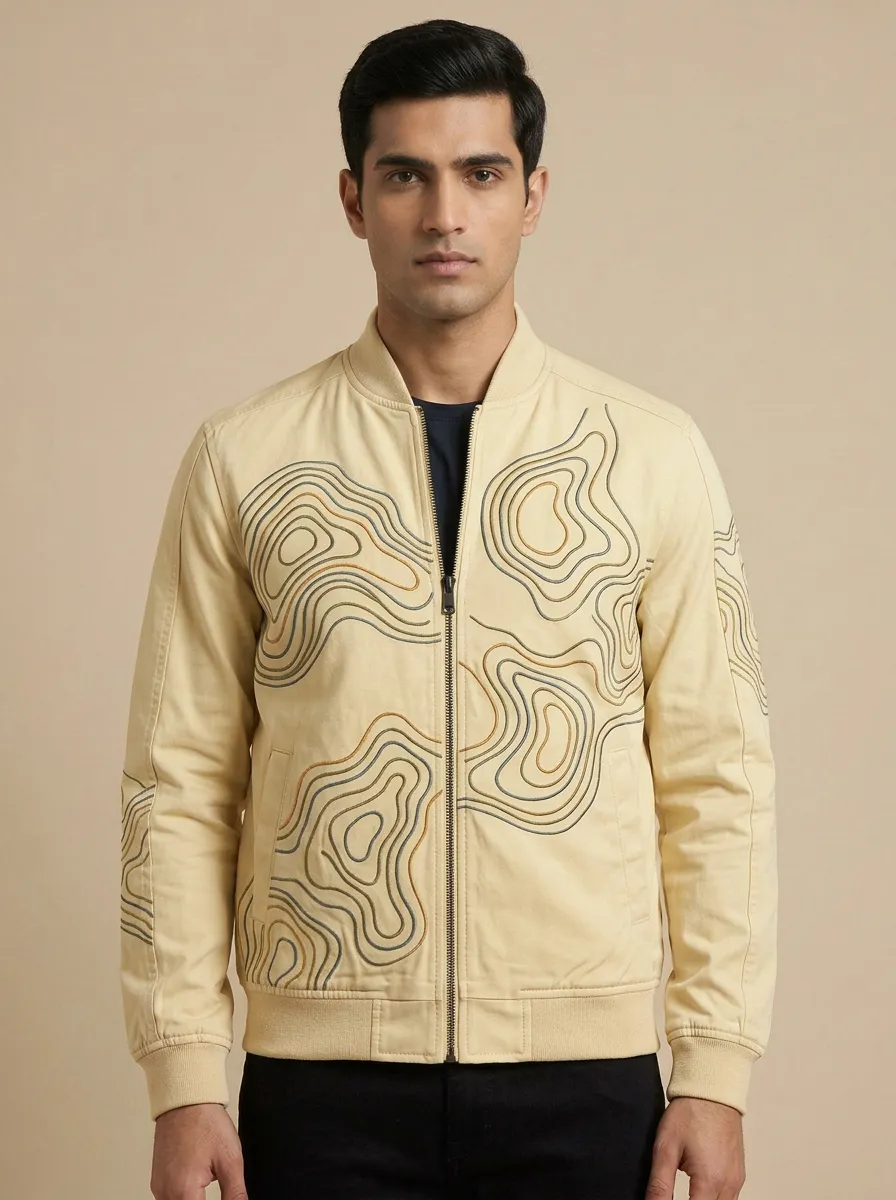 Topographic Print Cuffed Sleeves Bomber Jacket