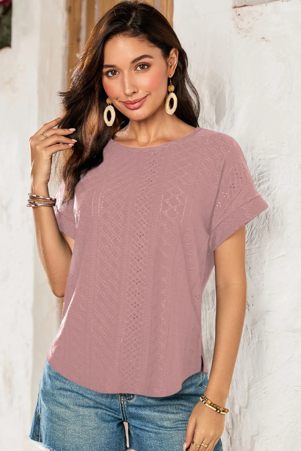 Rose Tan Eyelet Jacquard Cuffed Top