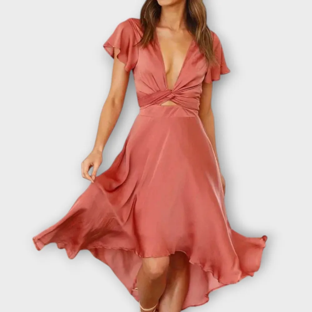 V-Neck Belted Flowing Midi Dress